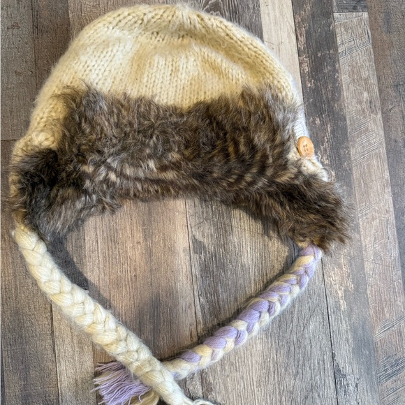 Jackets & Blazers - Women's Cream and Brown Knit Hat with Braided Tassels